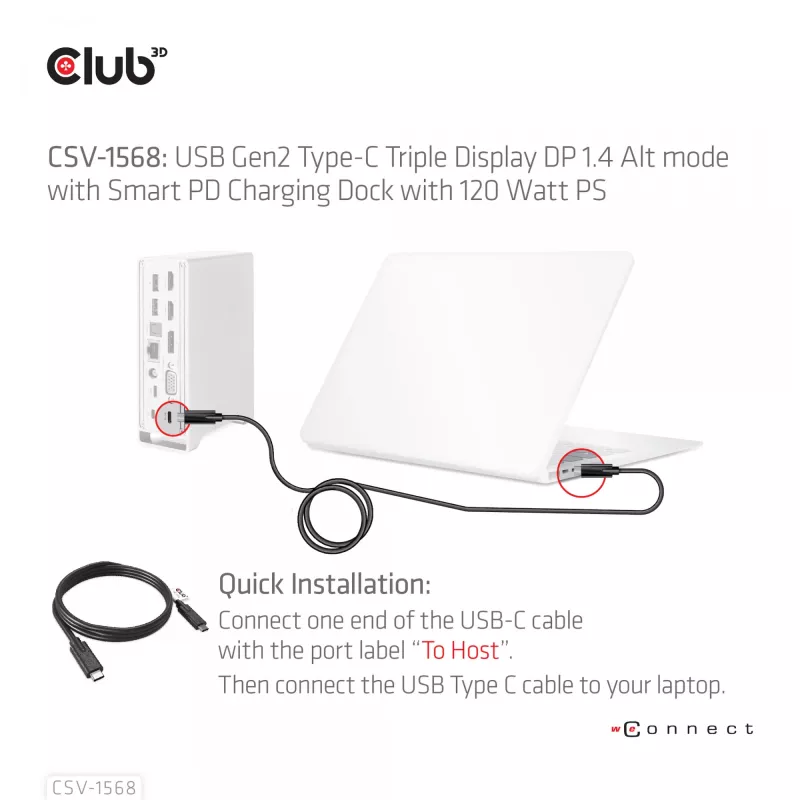 Dokkimisjaam CLUB3D CSV-1568 Metallkorpus USB Gen2 Type-C USB Gen2 Type-A HDMI DP VGA RJ45 120W