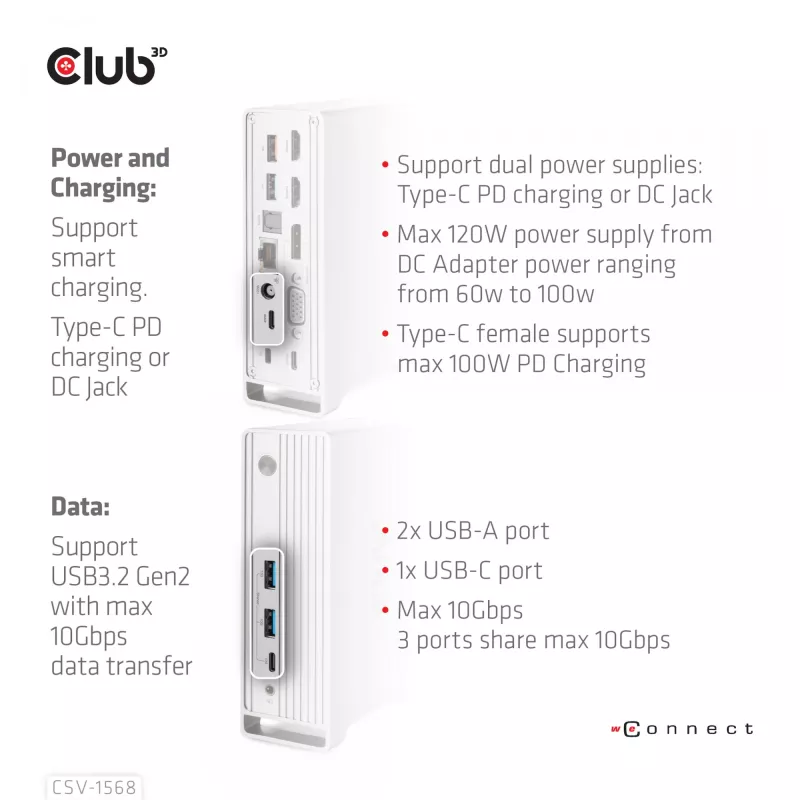 Dokkimisjaam CLUB3D CSV-1568 Metallkorpus USB Gen2 Type-C USB Gen2 Type-A HDMI DP VGA RJ45 120W