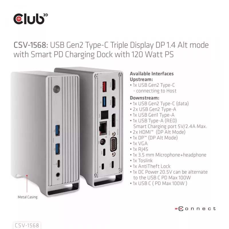Dokkimisjaam CLUB3D CSV-1568 Metallkorpus USB Gen2 Type-C USB Gen2 Type-A HDMI DP VGA RJ45 120W