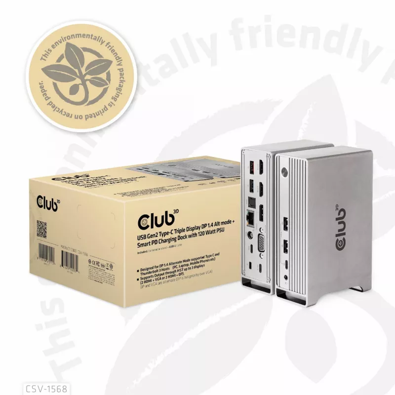 Dokkimisjaam CLUB3D CSV-1568 Metallkorpus USB Gen2 Type-C USB Gen2 Type-A HDMI DP VGA RJ45 120W