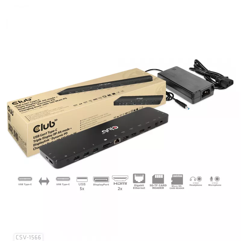 CLUB3D USB Gen1 Type-C kolme ekraani DP Alt-režiimi Displaylink dünaamilise PD laadimise dokk 120 W toiteplokiga