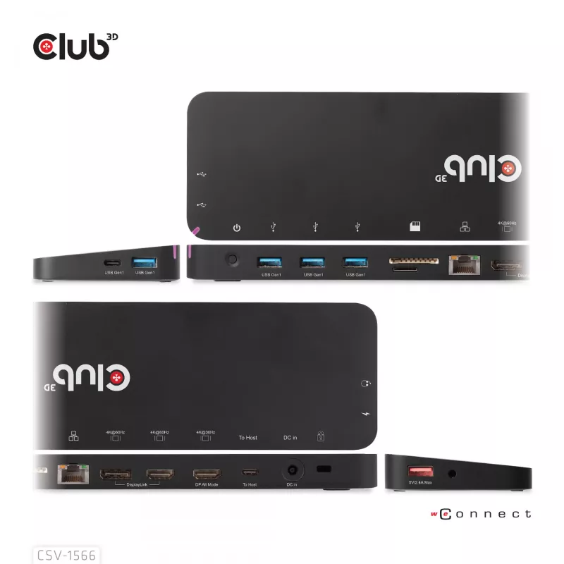 CLUB3D USB Gen1 Type-C kolme ekraani DP Alt-režiimi Displaylink dünaamilise PD laadimise dokk 120 W toiteplokiga