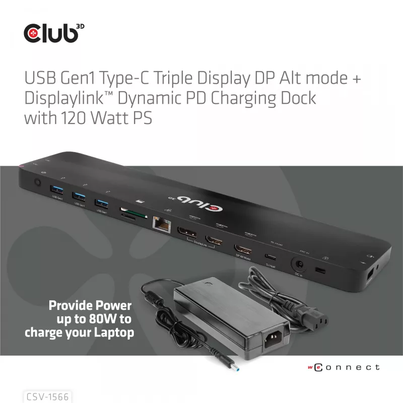 CLUB3D USB Gen1 Type-C kolme ekraani DP Alt-režiimi Displaylink dünaamilise PD laadimise dokk 120 W toiteplokiga