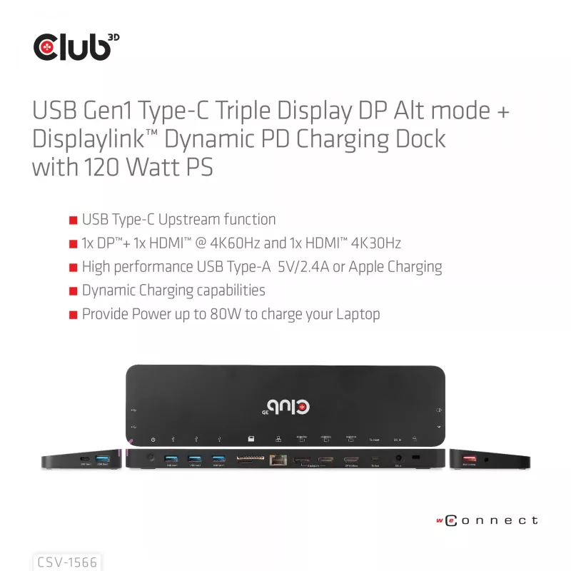 CLUB3D USB Gen1 Type-C kolme ekraani DP Alt-režiimi Displaylink dünaamilise PD laadimise dokk 120 W toiteplokiga