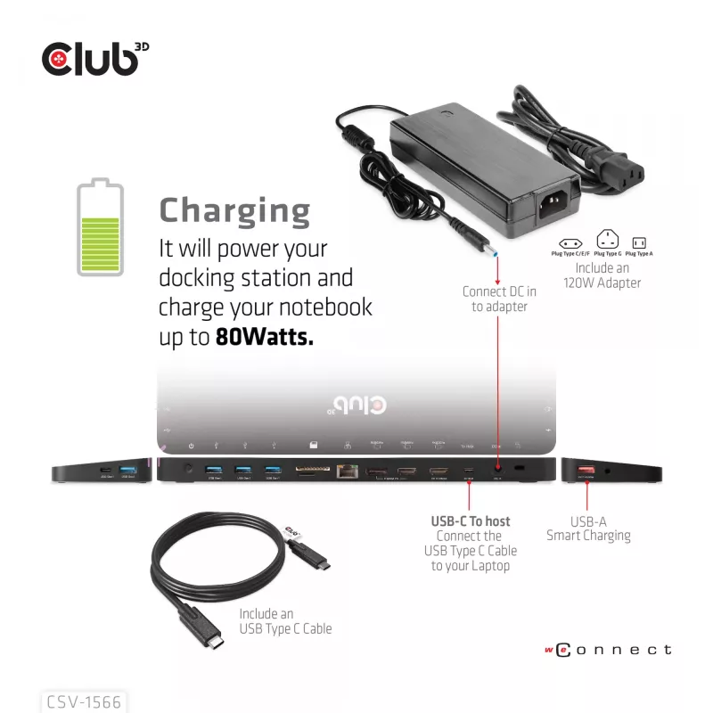 CLUB3D USB Gen1 Type-C kolme ekraani DP Alt-režiimi Displaylink dünaamilise PD laadimise dokk 120 W toiteplokiga