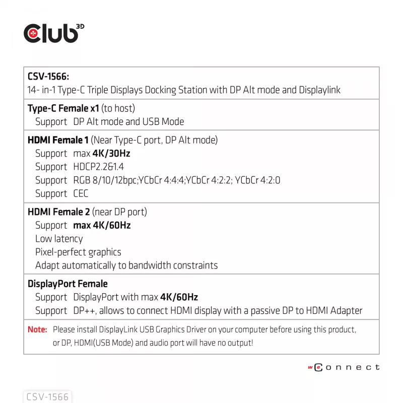 CLUB3D USB Gen1 Type-C kolme ekraani DP Alt-režiimi Displaylink dünaamilise PD laadimise dokk 120 W toiteplokiga