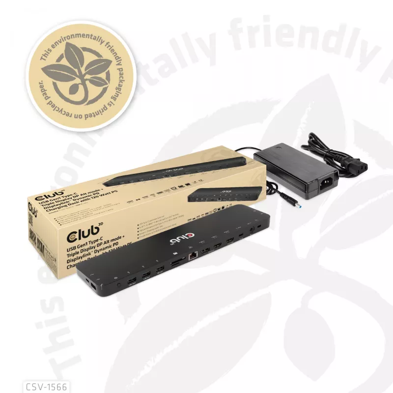 CLUB3D USB Gen1 Type-C kolme ekraani DP Alt-režiimi Displaylink dünaamilise PD laadimise dokk 120 W toiteplokiga