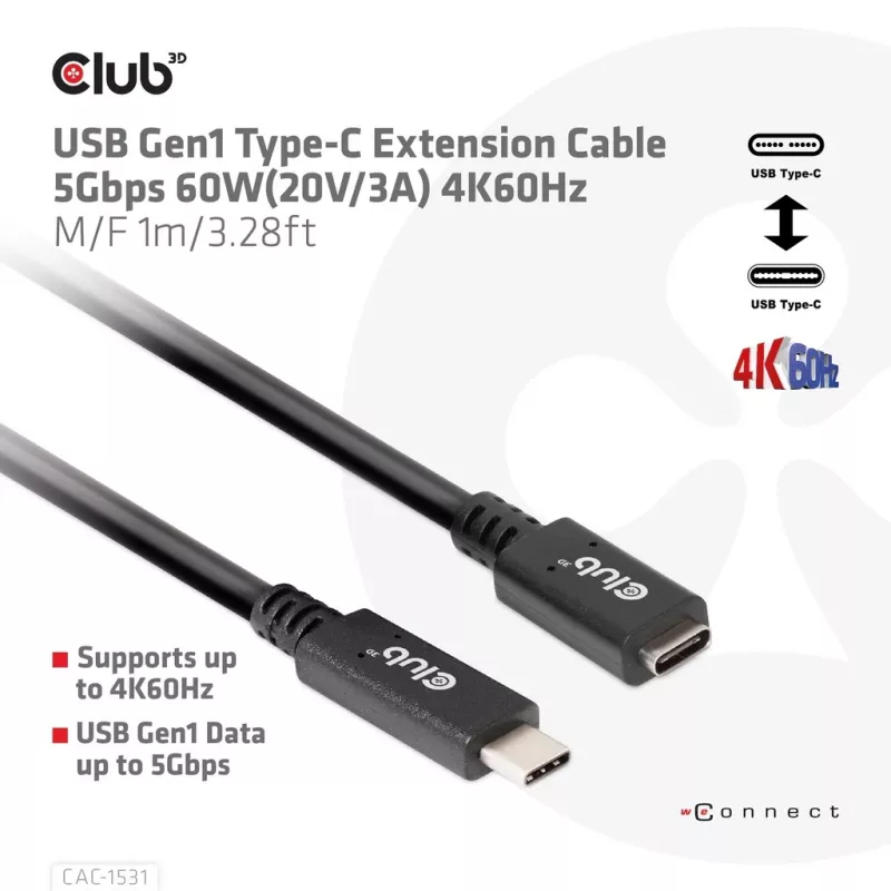 USB Gen1 USB-C pikenduskaabel CLUB3D CAC-1531, 1 m, USB-C isane kuni 2× USB-C emane, 5 Gbps, 60W PD, 4K@60Hz