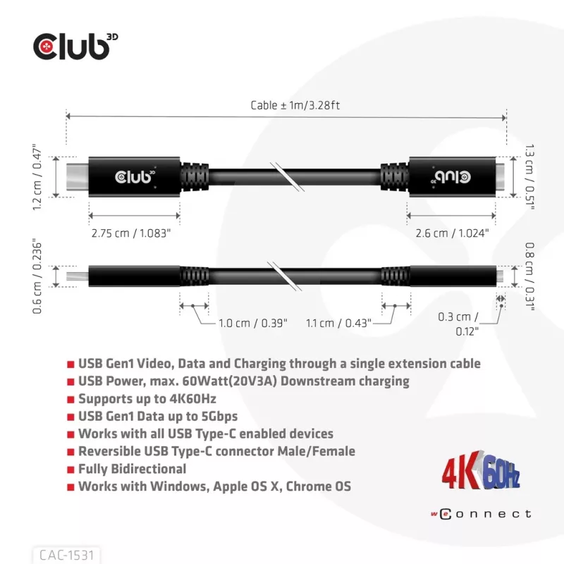 USB Gen1 USB-C pikenduskaabel CLUB3D CAC-1531, 1 m, USB-C isane kuni 2× USB-C emane, 5 Gbps, 60W PD, 4K@60Hz