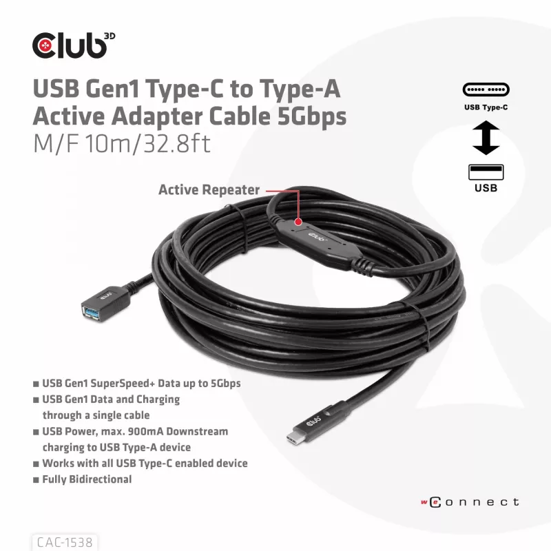 CLUB3D USB Gen1 USB-C to Type-A aktiivne adapterkaabel 5Gbps M/F 10m
