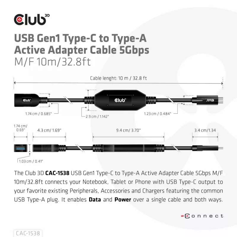 CLUB3D USB Gen1 USB-C to Type-A aktiivne adapterkaabel 5Gbps M/F 10m