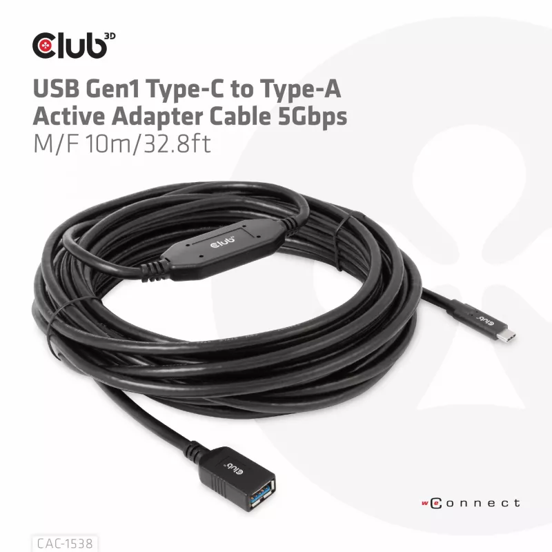 CLUB3D USB Gen1 USB-C to Type-A aktiivne adapterkaabel 5Gbps M/F 10m