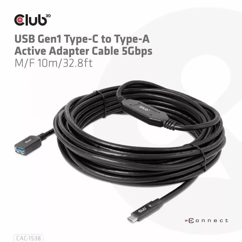 CLUB3D USB Gen1 USB-C to Type-A aktiivne adapterkaabel 5Gbps M/F 10m