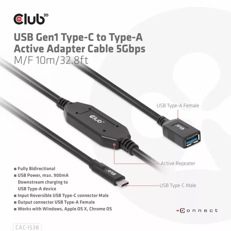 CLUB3D USB Gen1 USB-C to Type-A aktiivne adapterkaabel 5Gbps M/F 10m