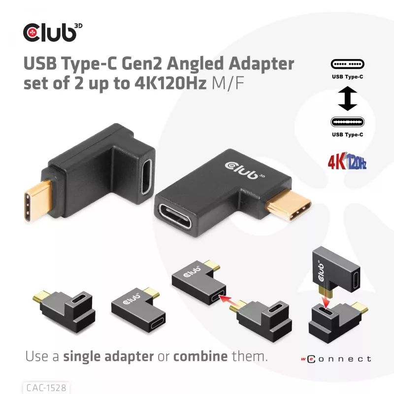 USB USB-C Gen2 nurgaadapter, komplektis 2 tk CLUB3D CAC-1528 — USB-C - USB-C, toetab 4K@120Hz