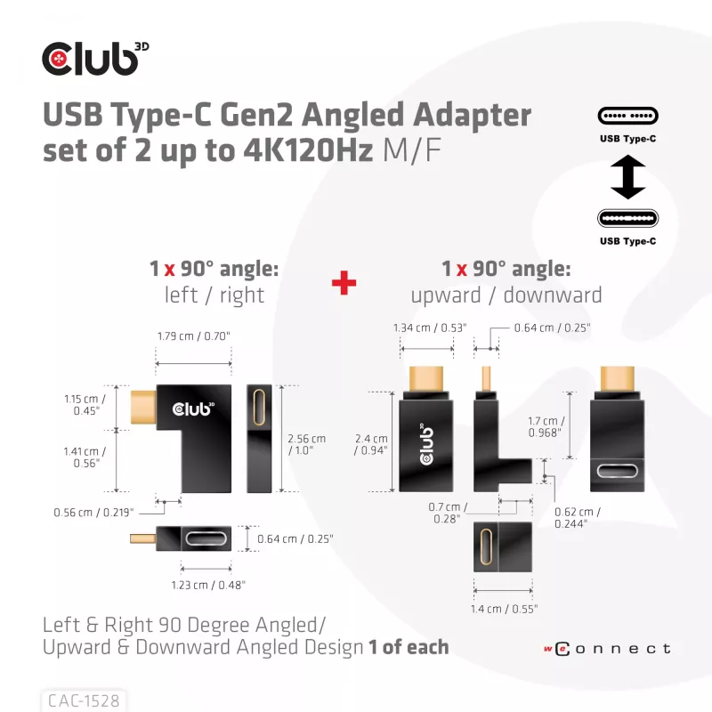 USB USB-C Gen2 nurgaadapter, komplektis 2 tk CLUB3D CAC-1528 — USB-C - USB-C, toetab 4K@120Hz