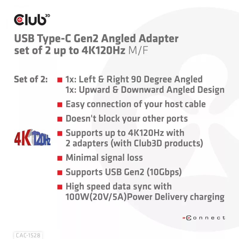 USB USB-C Gen2 nurgaadapter, komplektis 2 tk CLUB3D CAC-1528 — USB-C - USB-C, toetab 4K@120Hz