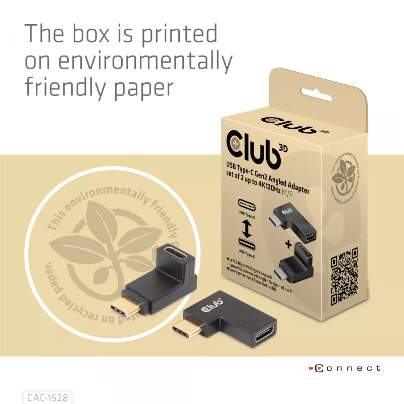 USB USB-C Gen2 nurgaadapter, komplektis 2 tk CLUB3D CAC-1528 — USB-C - USB-C, toetab 4K@120Hz