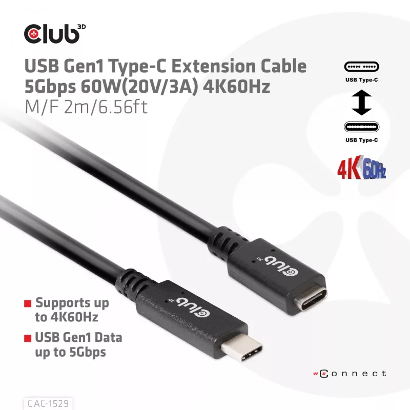 CLUB3D USB Gen1 Type-C pikenduskaabel 5Gbps 60W (20V/3A) 4K60Hz M/F 2m/6.56ft