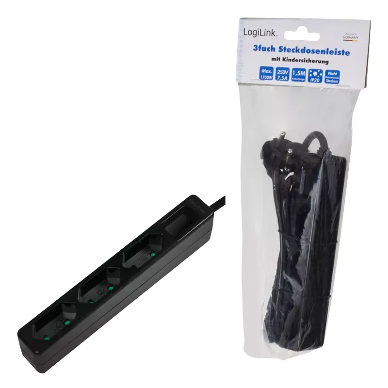 Pikendusjuhe LogiLink LPS229B 1,5 m 3 vahelduvvoolu pistikupesa Siseruumidesse Must