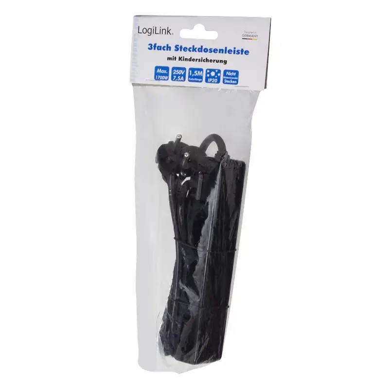 Pikendusjuhe LogiLink LPS229B 1,5 m 3 vahelduvvoolu pistikupesa Siseruumidesse Must