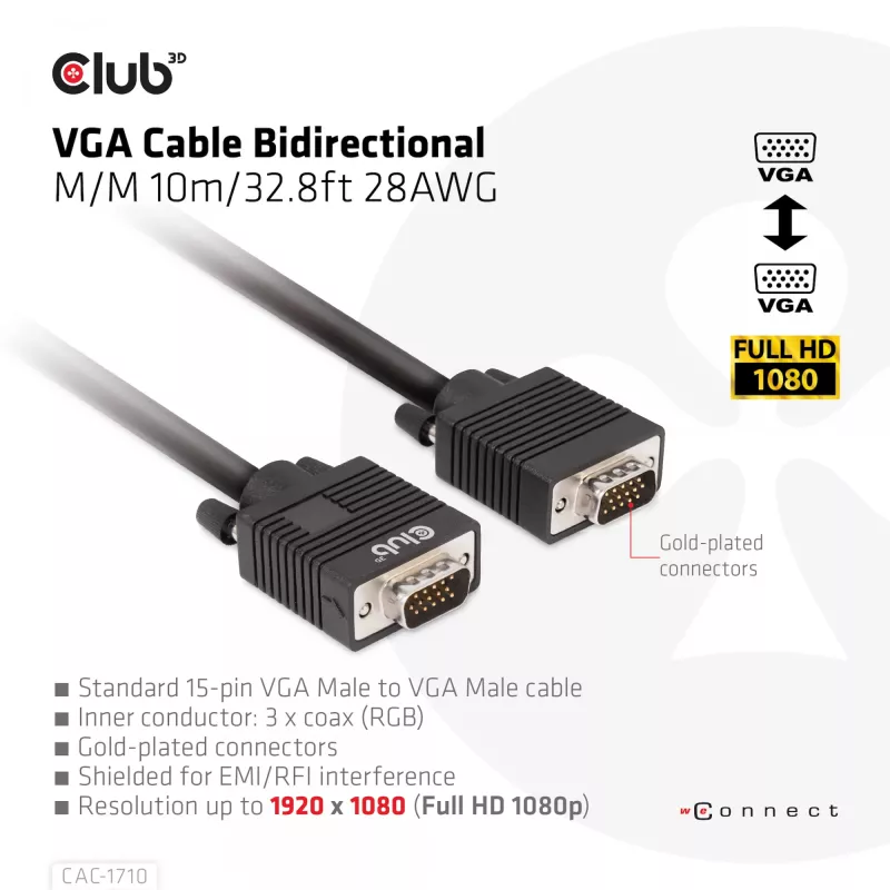 VGA-kaabel kahesuunaline M/M 10m/32,8ft CLUB3D CAC-1710