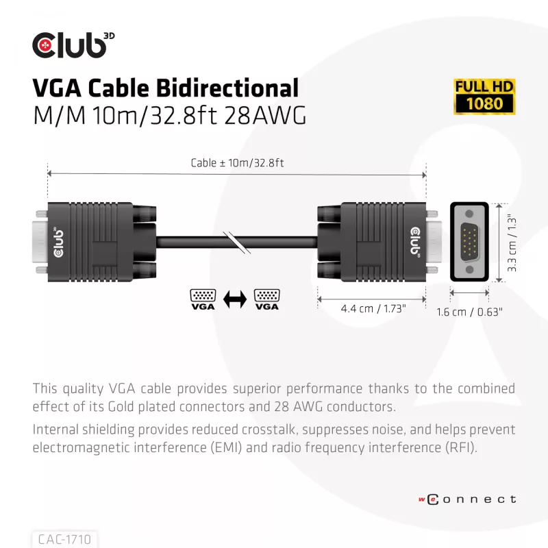 VGA-kaabel kahesuunaline M/M 10m/32,8ft CLUB3D CAC-1710