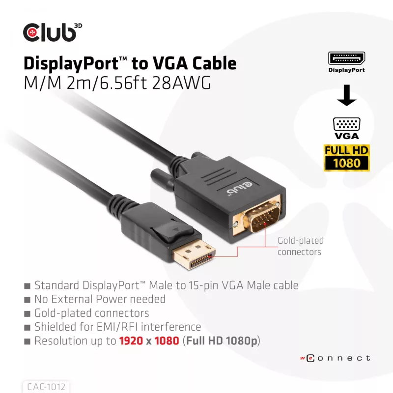 DisplayPort to VGA kaabel M/M CLUB3D CAC-1012 2m