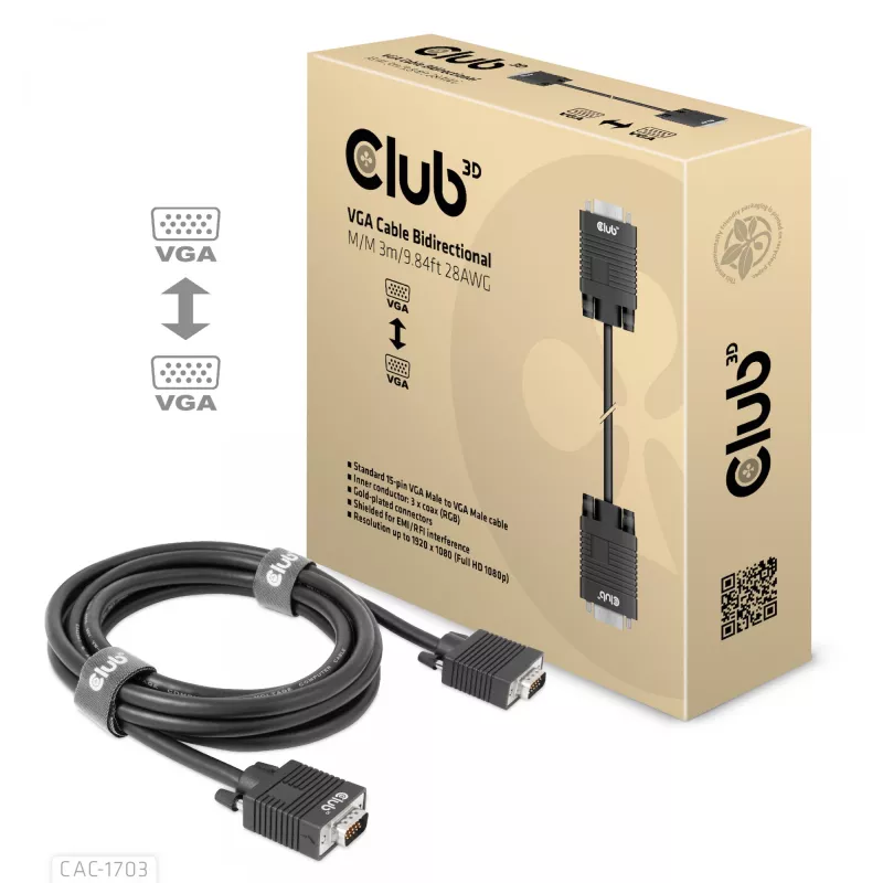 VGA-kaabel, kahesuunaline, M/M, 3 m, 28AWG, CLUB3D CAC-1703
