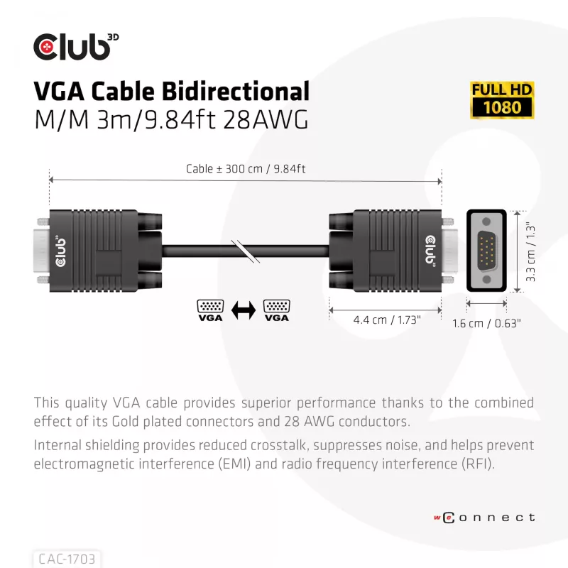 VGA-kaabel, kahesuunaline, M/M, 3 m, 28AWG, CLUB3D CAC-1703