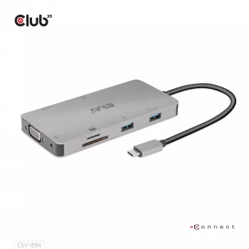 CLUB3D USB Gen1 Type-C 9-in-1 jaotur HDMI, VGA, 2x USB Gen1 Type-A, RJ45, SD/Micro SD kaardipesade ja USB Gen1 Type-C emaspordiga