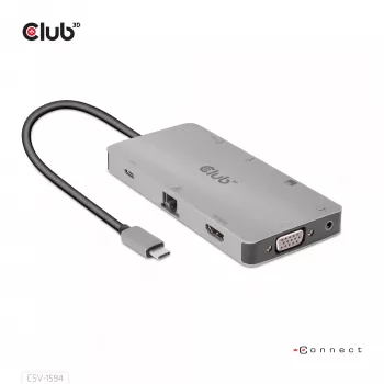 CLUB3D USB Gen1 Type-C 9-in-1 jaotur HDMI, VGA, 2x USB Gen1 Type-A, RJ45, SD/Micro SD kaardipesade ja USB Gen1 Type-C emaspordiga