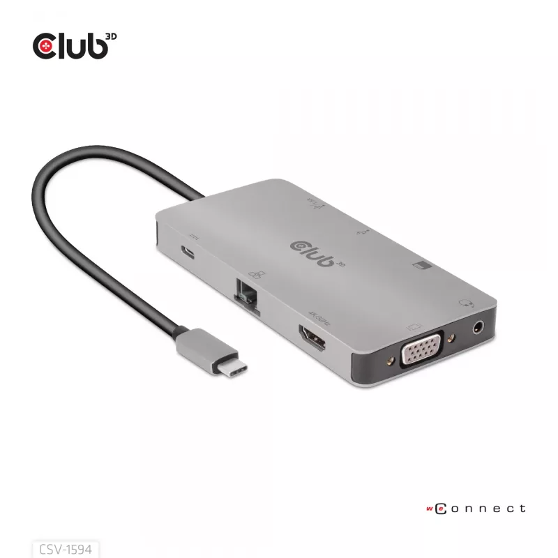 CLUB3D USB Gen1 Type-C 9-in-1 jaotur HDMI, VGA, 2x USB Gen1 Type-A, RJ45, SD/Micro SD kaardipesade ja USB Gen1 Type-C emaspordiga