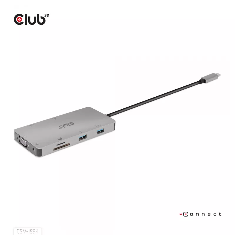 CLUB3D USB Gen1 Type-C 9-in-1 jaotur HDMI, VGA, 2x USB Gen1 Type-A, RJ45, SD/Micro SD kaardipesade ja USB Gen1 Type-C emaspordiga