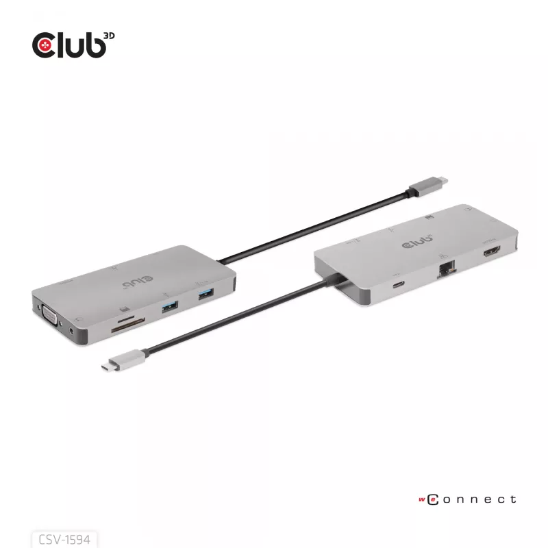 CLUB3D USB Gen1 Type-C 9-in-1 jaotur HDMI, VGA, 2x USB Gen1 Type-A, RJ45, SD/Micro SD kaardipesade ja USB Gen1 Type-C emaspordiga