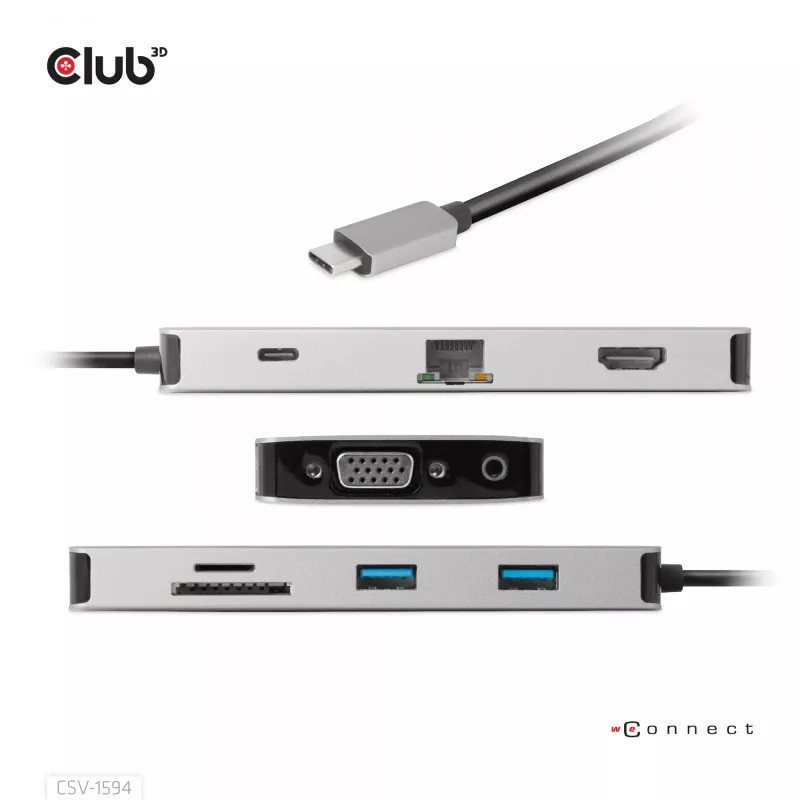 CLUB3D USB Gen1 Type-C 9-in-1 jaotur HDMI, VGA, 2x USB Gen1 Type-A, RJ45, SD/Micro SD kaardipesade ja USB Gen1 Type-C emaspordiga