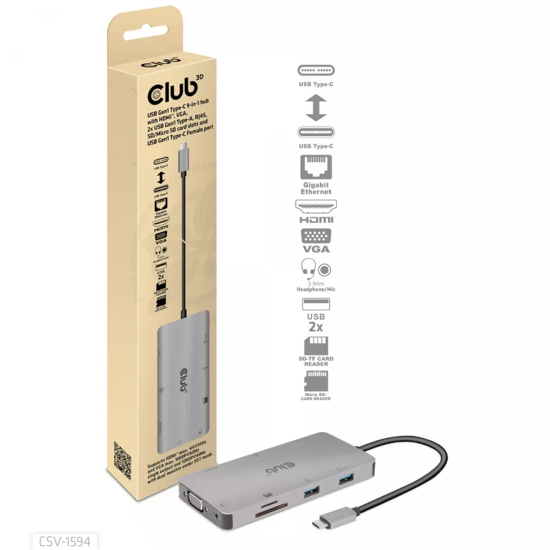 CLUB3D USB Gen1 Type-C 9-in-1 jaotur HDMI, VGA, 2x USB Gen1 Type-A, RJ45, SD/Micro SD kaardipesade ja USB Gen1 Type-C emaspordiga