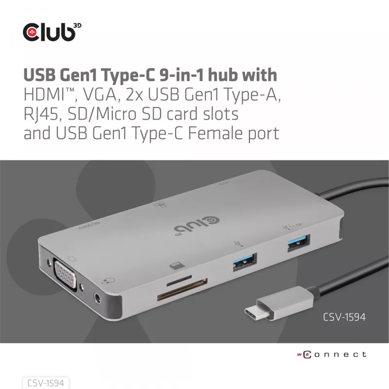 CLUB3D USB Gen1 Type-C 9-in-1 jaotur HDMI, VGA, 2x USB Gen1 Type-A, RJ45, SD/Micro SD kaardipesade ja USB Gen1 Type-C emaspordiga