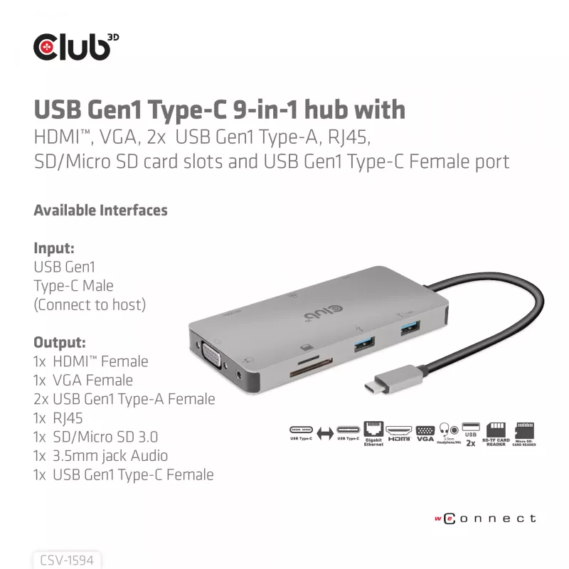 CLUB3D USB Gen1 Type-C 9-in-1 jaotur HDMI, VGA, 2x USB Gen1 Type-A, RJ45, SD/Micro SD kaardipesade ja USB Gen1 Type-C emaspordiga