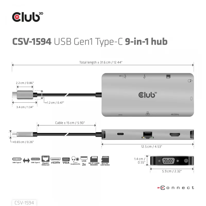 CLUB3D USB Gen1 Type-C 9-in-1 jaotur HDMI, VGA, 2x USB Gen1 Type-A, RJ45, SD/Micro SD kaardipesade ja USB Gen1 Type-C emaspordiga