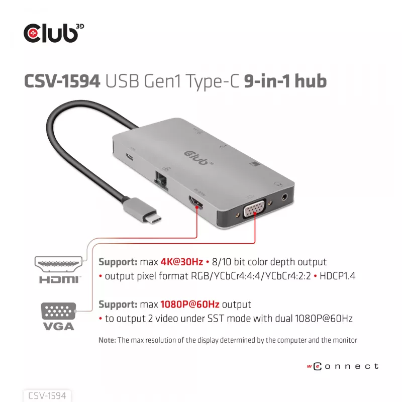 CLUB3D USB Gen1 Type-C 9-in-1 jaotur HDMI, VGA, 2x USB Gen1 Type-A, RJ45, SD/Micro SD kaardipesade ja USB Gen1 Type-C emaspordiga