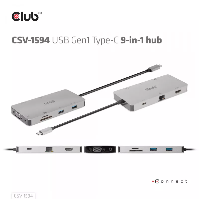 CLUB3D USB Gen1 Type-C 9-in-1 jaotur HDMI, VGA, 2x USB Gen1 Type-A, RJ45, SD/Micro SD kaardipesade ja USB Gen1 Type-C emaspordiga