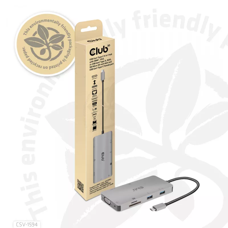 CLUB3D USB Gen1 Type-C 9-in-1 jaotur HDMI, VGA, 2x USB Gen1 Type-A, RJ45, SD/Micro SD kaardipesade ja USB Gen1 Type-C emaspordiga