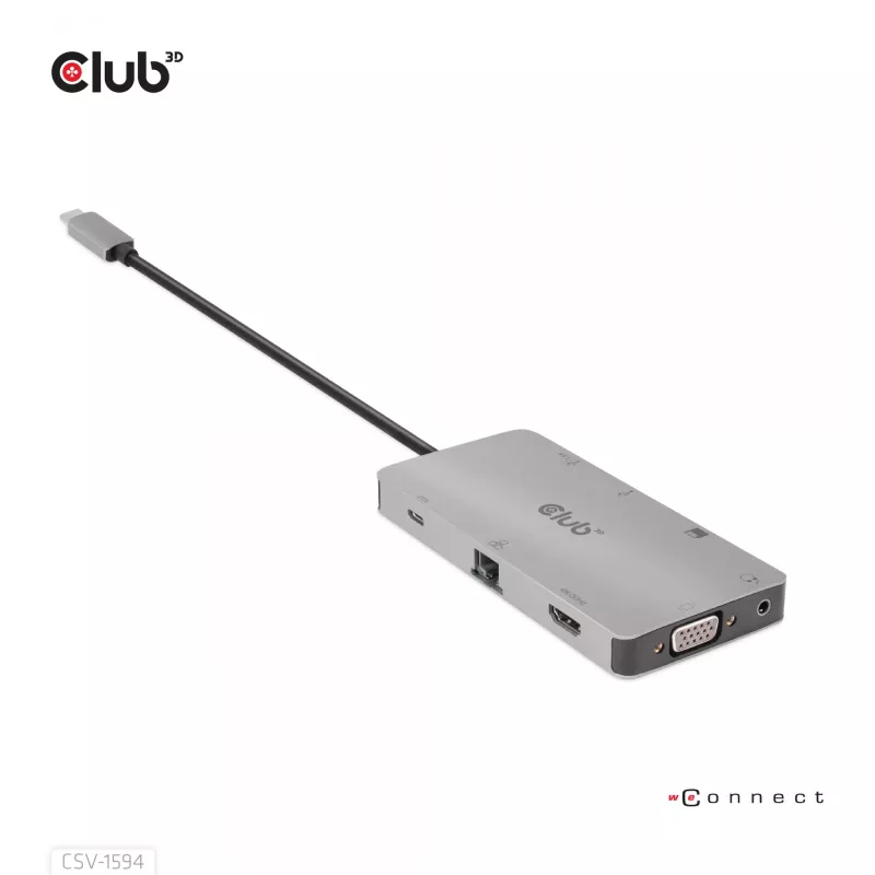 CLUB3D USB Gen1 Type-C 9-in-1 jaotur HDMI, VGA, 2x USB Gen1 Type-A, RJ45, SD/Micro SD kaardipesade ja USB Gen1 Type-C emaspordiga
