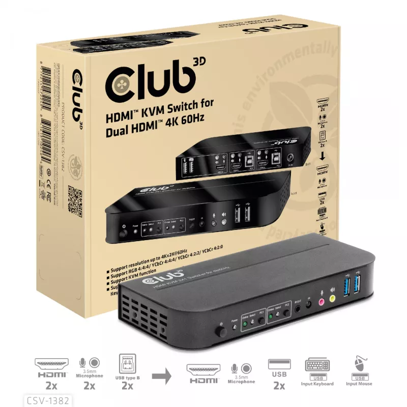 KVM-lüliti CLUB3D CSV-1382 kahe HDMI 4K 60Hz USB