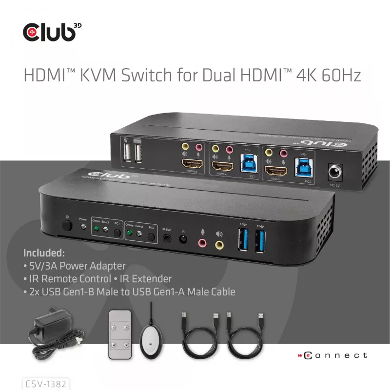 KVM-lüliti CLUB3D CSV-1382 kahe HDMI 4K 60Hz USB