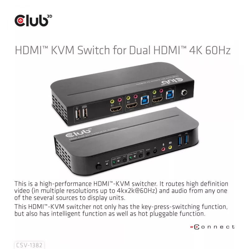 KVM-lüliti CLUB3D CSV-1382 kahe HDMI 4K 60Hz USB