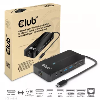CLUB3D Type-C 7-in-1 jaotur 2x HDMI, 2x USB Gen1 Type-A, 1x RJ45, 1x 3.5mm heli, 1x USB Gen1 Type-C 100W emane port