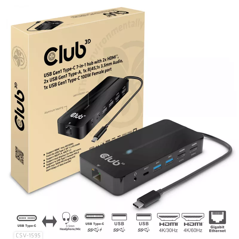 CLUB3D Type-C 7-in-1 jaotur 2x HDMI, 2x USB Gen1 Type-A, 1x RJ45, 1x 3.5mm heli, 1x USB Gen1 Type-C 100W emane port