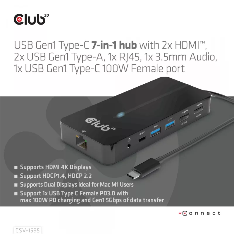 CLUB3D Type-C 7-in-1 jaotur 2x HDMI, 2x USB Gen1 Type-A, 1x RJ45, 1x 3.5mm heli, 1x USB Gen1 Type-C 100W emane port